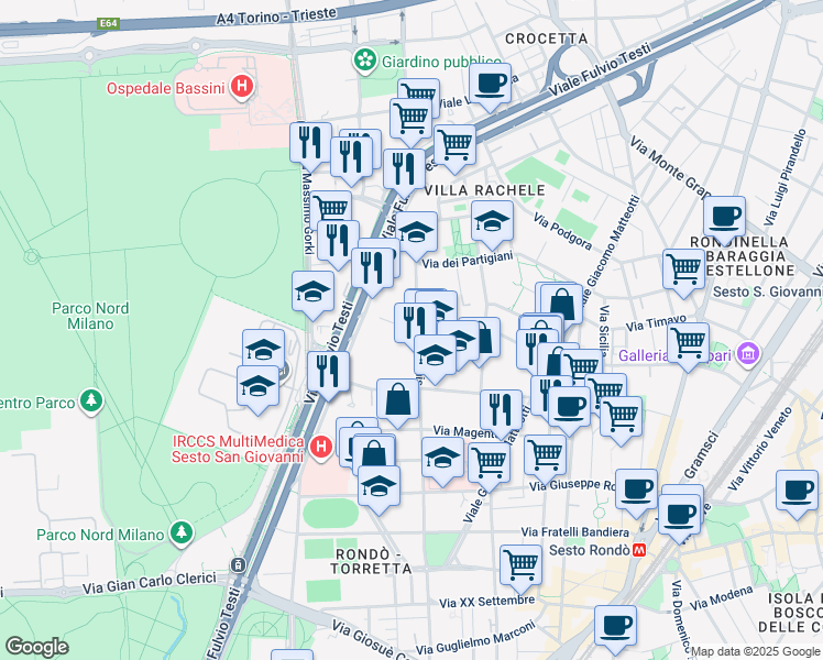 map of restaurants, bars, coffee shops, grocery stores, and more near 215 Via S. Denis in Sesto San Giovanni