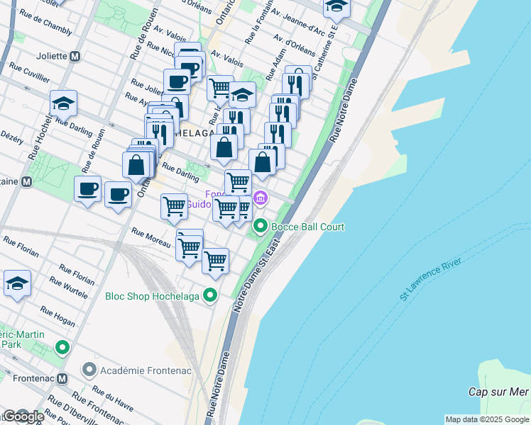 map of restaurants, bars, coffee shops, grocery stores, and more near 580 Rue Darling in Montréal