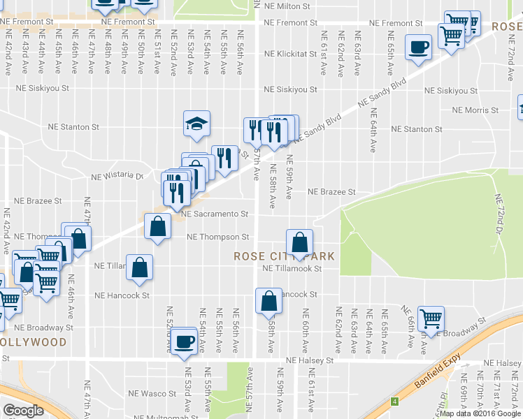 map of restaurants, bars, coffee shops, grocery stores, and more near 5727 Northeast Sacramento Street in Portland