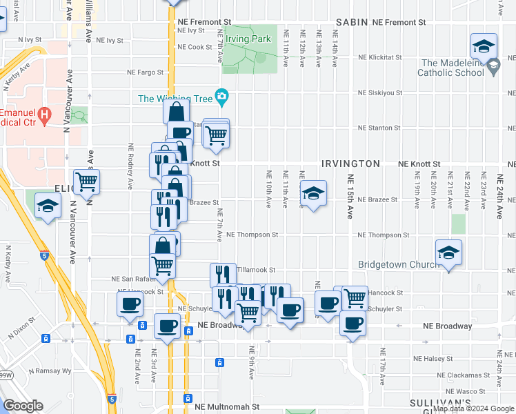 map of restaurants, bars, coffee shops, grocery stores, and more near 2406 Northeast 9th Avenue in Portland