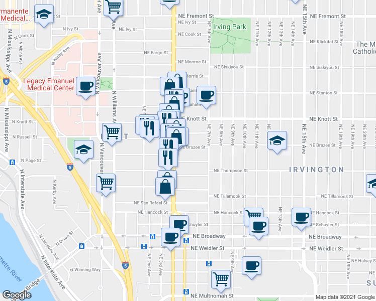 map of restaurants, bars, coffee shops, grocery stores, and more near in Portland