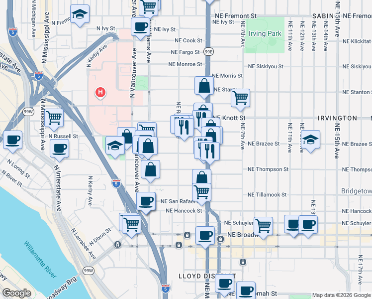 map of restaurants, bars, coffee shops, grocery stores, and more near 103 Northeast Sacramento Street in Portland
