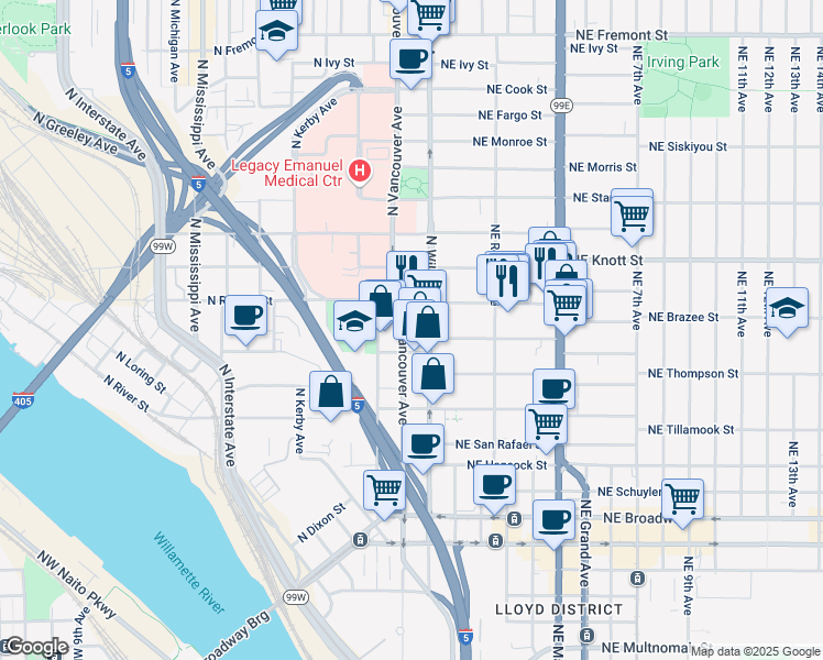 map of restaurants, bars, coffee shops, grocery stores, and more near 2337 North Williams Avenue in Portland