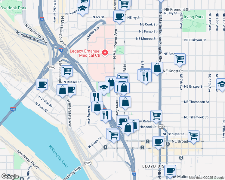 map of restaurants, bars, coffee shops, grocery stores, and more near 2326 North Flint Avenue in Portland