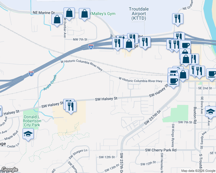 map of restaurants, bars, coffee shops, grocery stores, and more near 1351 Southwest Halsey Street in Troutdale