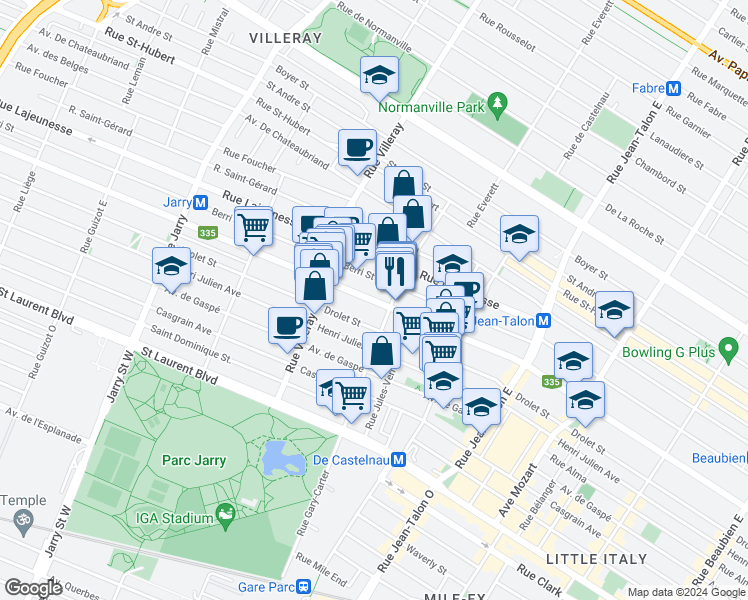 map of restaurants, bars, coffee shops, grocery stores, and more near 7549 Saint Denis Street in Montreal