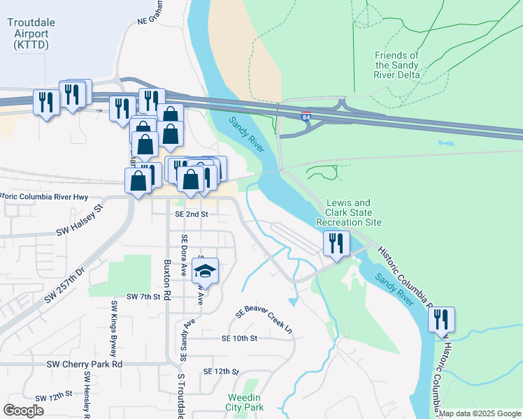 map of restaurants, bars, coffee shops, grocery stores, and more near 633 East Historic Columbia River Highway in Troutdale