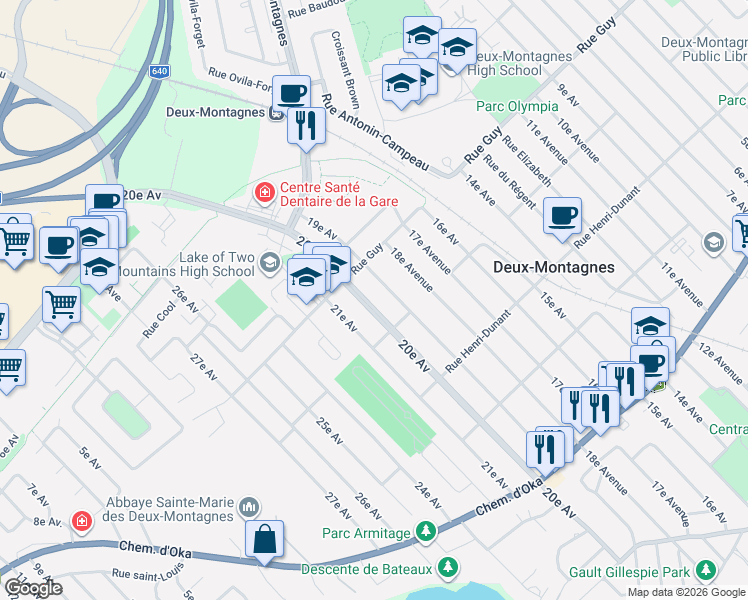 map of restaurants, bars, coffee shops, grocery stores, and more near 521 20e Avenue in Deux-Montagnes