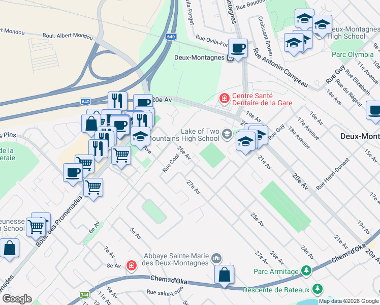 map of restaurants, bars, coffee shops, grocery stores, and more near 463 26e Avenue in Deux-Montagnes