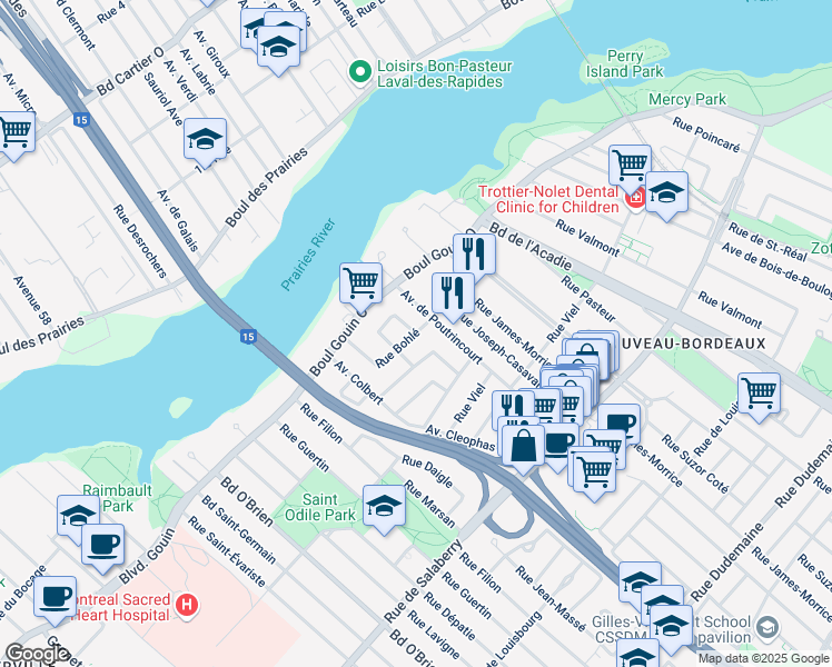 map of restaurants, bars, coffee shops, grocery stores, and more near Rue Bohlé in Montréal