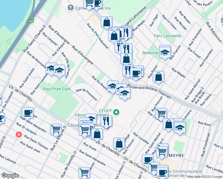 map of restaurants, bars, coffee shops, grocery stores, and more near 785 Rue du Roussillon in Longueuil