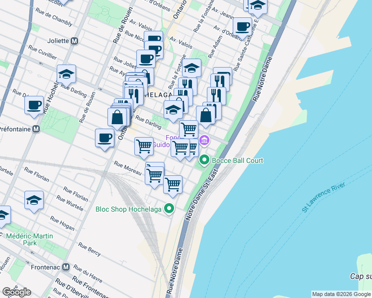 map of restaurants, bars, coffee shops, grocery stores, and more near 1467 Rue Saint-Germain in Montréal