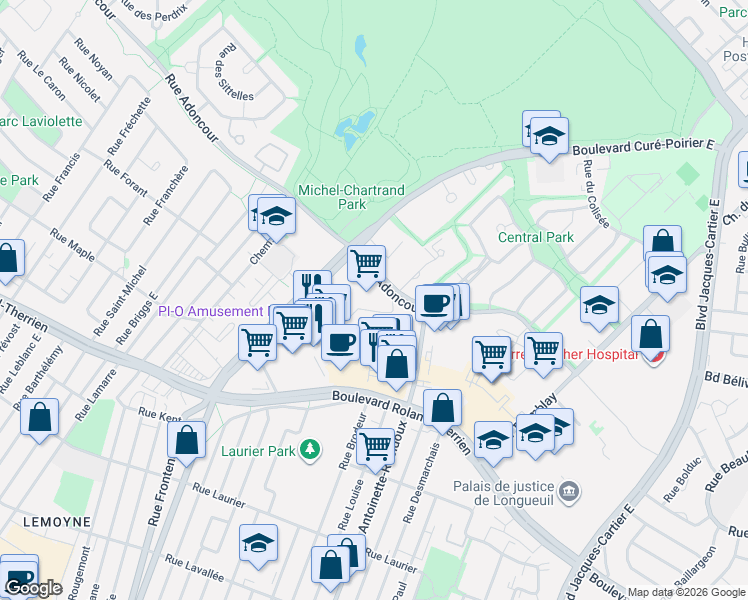 map of restaurants, bars, coffee shops, grocery stores, and more near 1920 Rue Adoncour in Longueuil