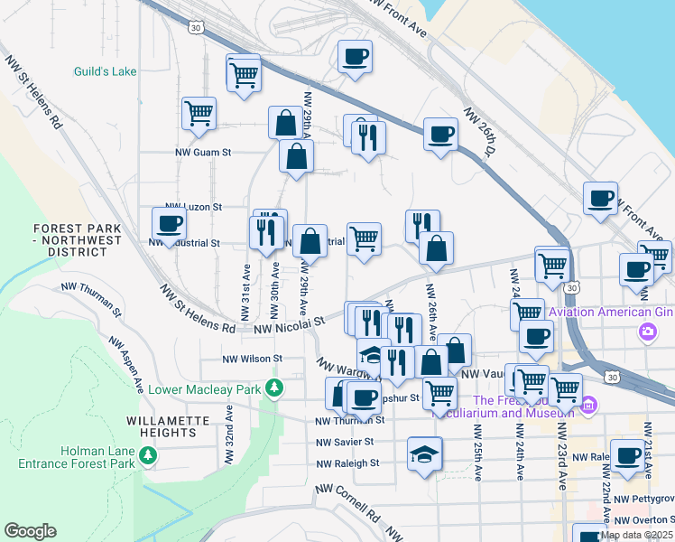 map of restaurants, bars, coffee shops, grocery stores, and more near 2505 Northwest 28th Avenue in Portland