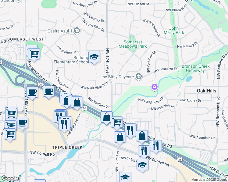 map of restaurants, bars, coffee shops, grocery stores, and more near 2810 Northwest 173rd Terrace in Beaverton