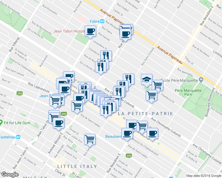map of restaurants, bars, coffee shops, grocery stores, and more near 6837 Avenue Christophe-Colomb in Montréal