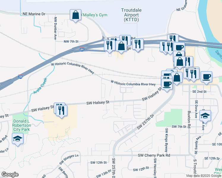 map of restaurants, bars, coffee shops, grocery stores, and more near 217 Southwest Edgefield Court in Troutdale