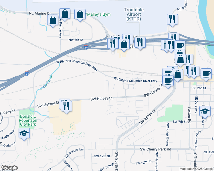 map of restaurants, bars, coffee shops, grocery stores, and more near 1351 Southwest Halsey Street in Troutdale