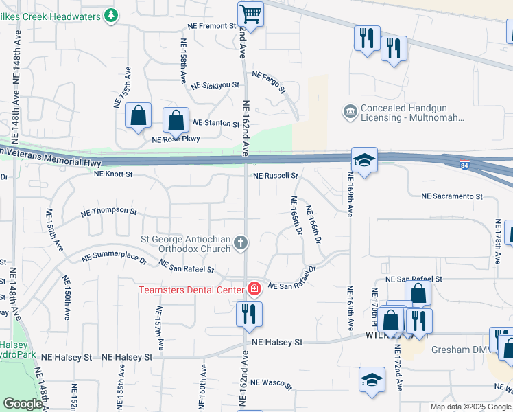 map of restaurants, bars, coffee shops, grocery stores, and more near 16351 Northeast Thompson Street in Portland