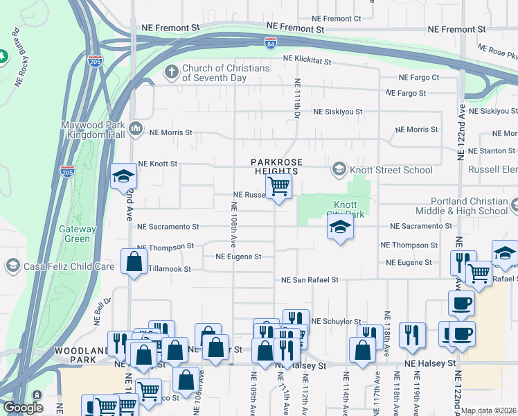 map of restaurants, bars, coffee shops, grocery stores, and more near 10922 Northeast Brazee Street in Portland