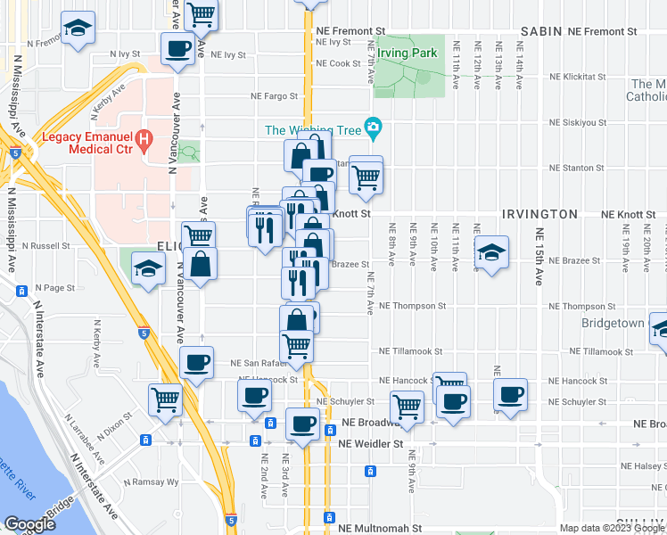 map of restaurants, bars, coffee shops, grocery stores, and more near in Portland