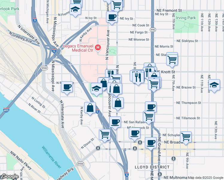 map of restaurants, bars, coffee shops, grocery stores, and more near 2337 North Williams Avenue in Portland