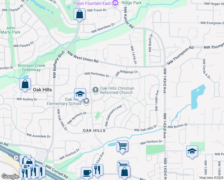 map of restaurants, bars, coffee shops, grocery stores, and more near 14950 Northwest Northumbria Lane in Beaverton