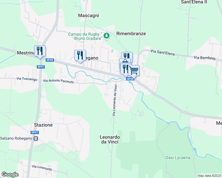 map of restaurants, bars, coffee shops, grocery stores, and more near 12 Via Leonardo da Vinci in Robegano