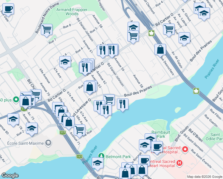 map of restaurants, bars, coffee shops, grocery stores, and more near 249 62e Av in Laval