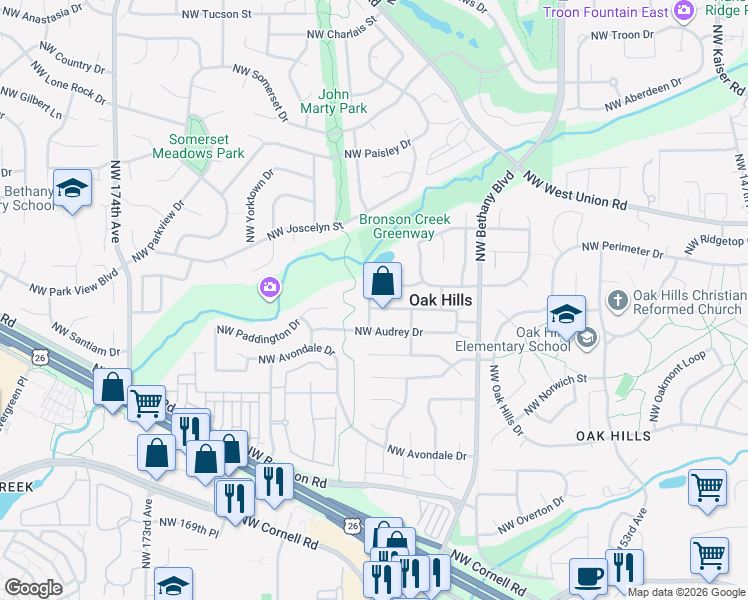 map of restaurants, bars, coffee shops, grocery stores, and more near 16231 Northwest Ramona Drive in Beaverton