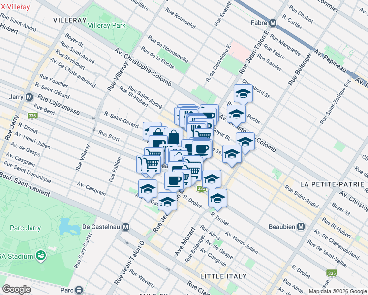 map of restaurants, bars, coffee shops, grocery stores, and more near 7220 Avenue De Chateaubriand in Montréal