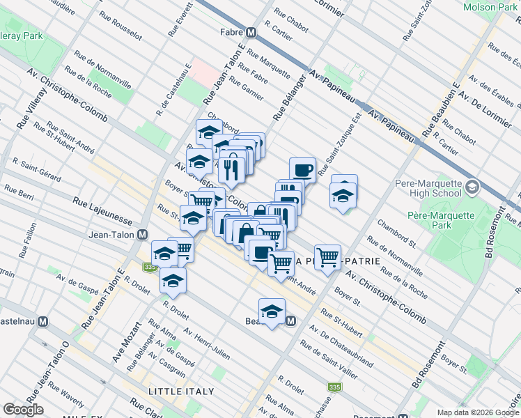 map of restaurants, bars, coffee shops, grocery stores, and more near 6837 Avenue Christophe-Colomb in Montréal