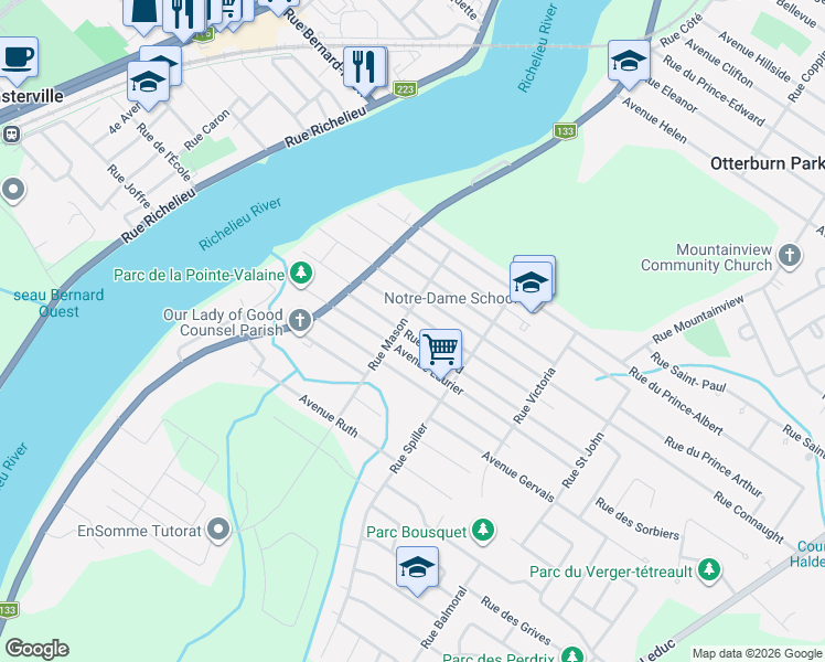 map of restaurants, bars, coffee shops, grocery stores, and more near 203 Rue d'Oxford in Otterburn Park