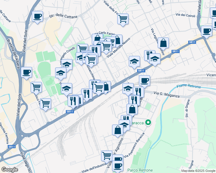map of restaurants, bars, coffee shops, grocery stores, and more near 12 Viale San Lazzaro in Vicenza