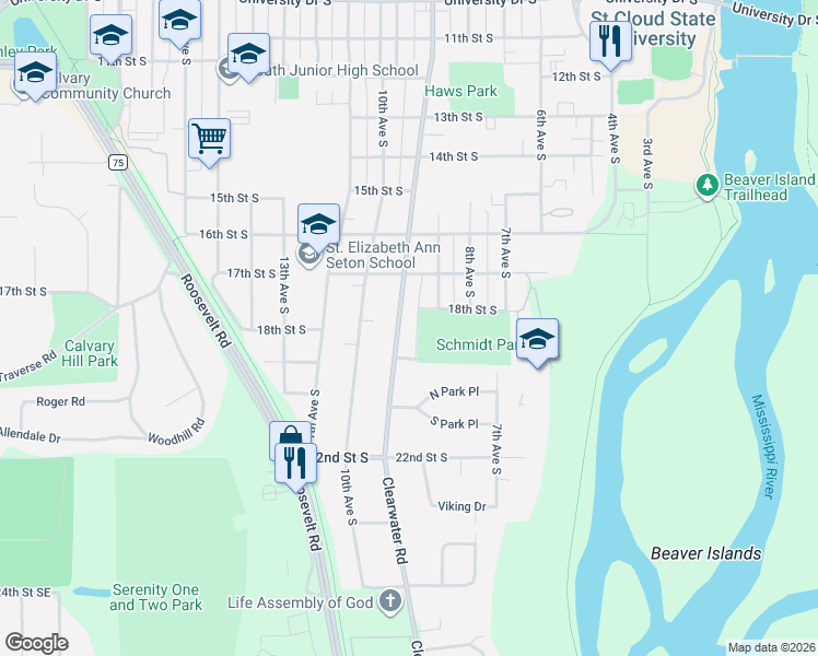 map of restaurants, bars, coffee shops, grocery stores, and more near 1830 Clearwater Road in St. Cloud
