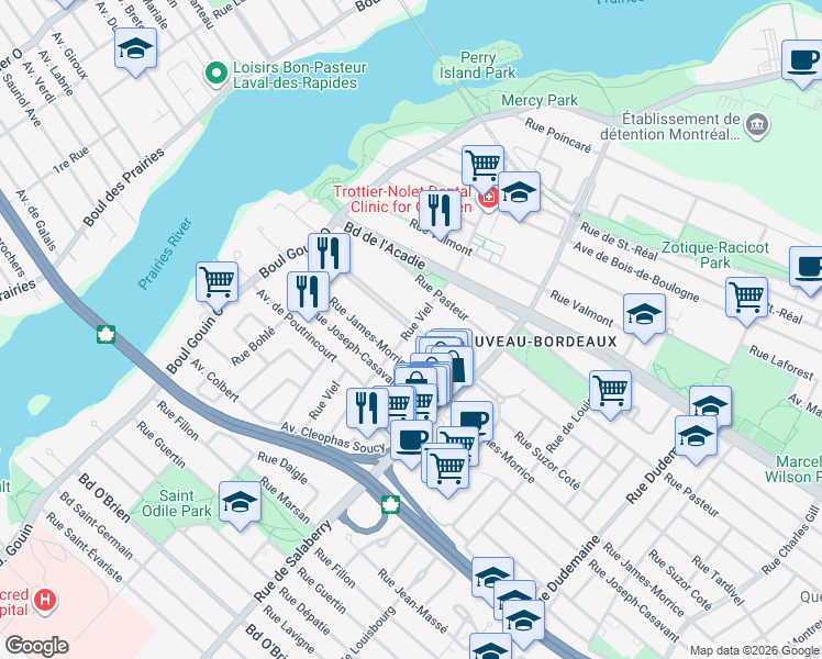 map of restaurants, bars, coffee shops, grocery stores, and more near Boulevard Taylor in Montréal