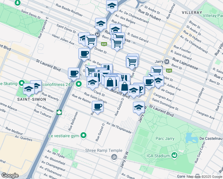 map of restaurants, bars, coffee shops, grocery stores, and more near 8440 St Laurent Blvd in Montreal