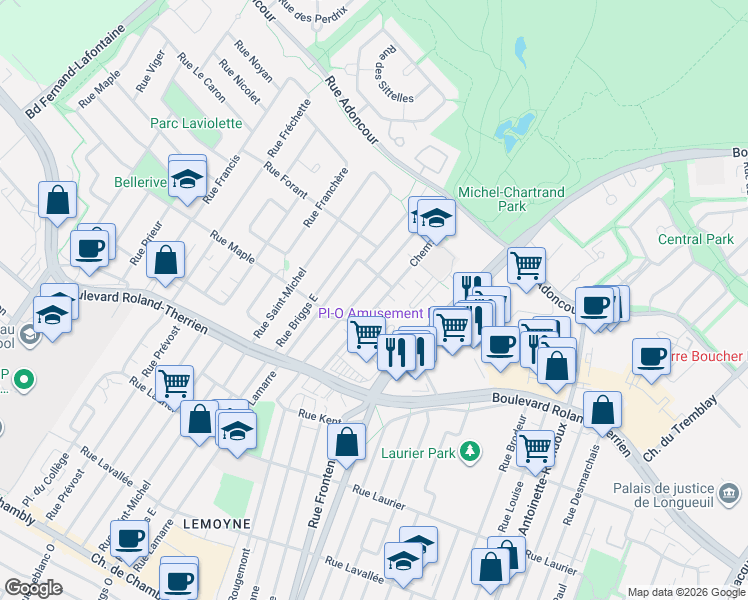 map of restaurants, bars, coffee shops, grocery stores, and more near 909 Chemin du Lac in Longueuil
