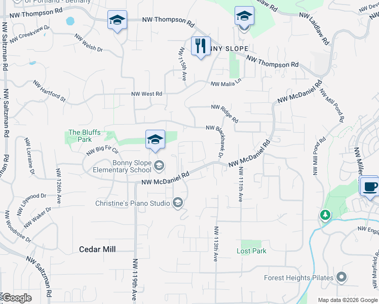 map of restaurants, bars, coffee shops, grocery stores, and more near 2873 Northwest 114th Terrace in Portland