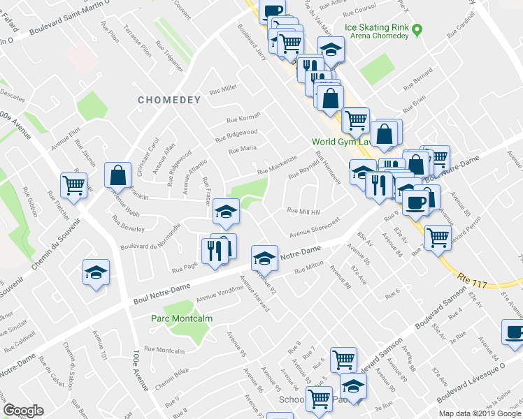 map of restaurants, bars, coffee shops, grocery stores, and more near 1226 Avenue Shorecrest in Laval