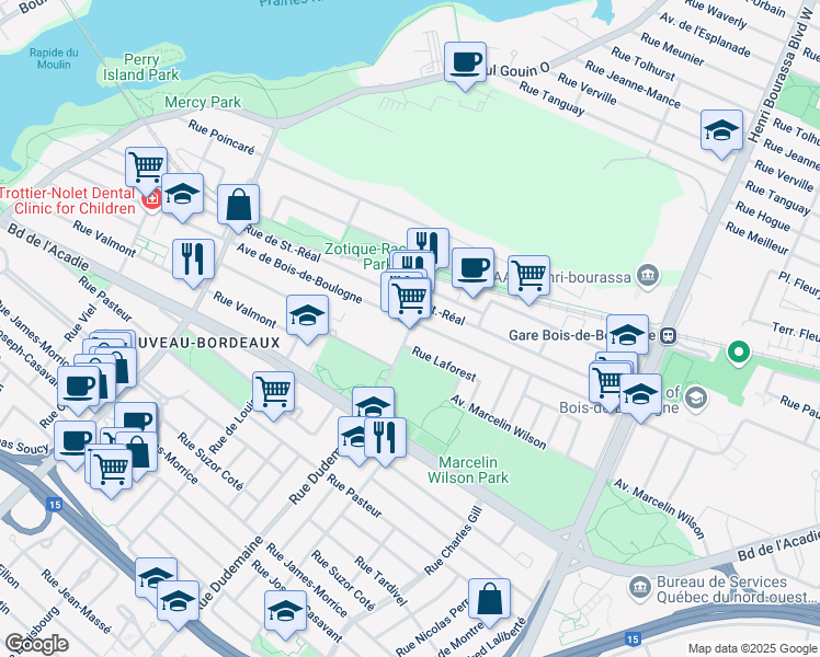 map of restaurants, bars, coffee shops, grocery stores, and more near 1565 Rue Dudemaine in Montreal