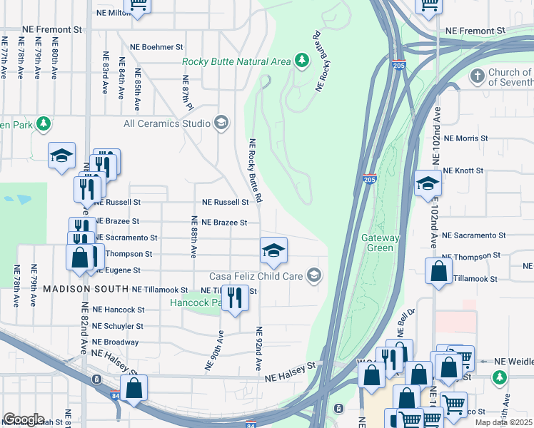 map of restaurants, bars, coffee shops, grocery stores, and more near 2524 Northeast 92nd Avenue in Portland