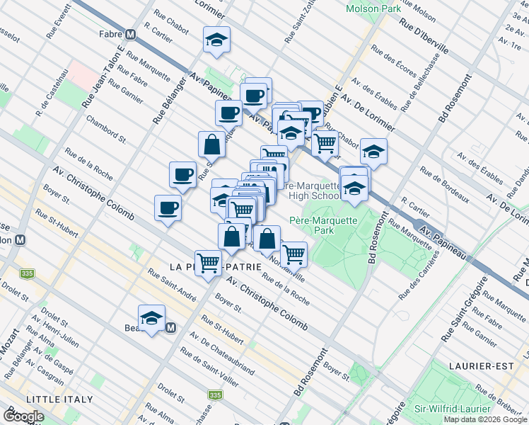 map of restaurants, bars, coffee shops, grocery stores, and more near in Montreal