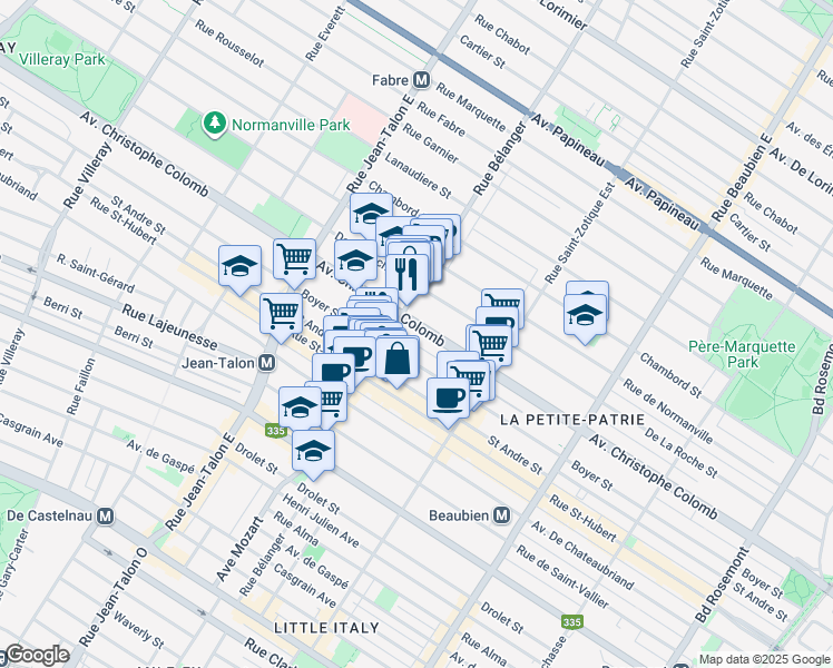 map of restaurants, bars, coffee shops, grocery stores, and more near 6912 Avenue Christophe Colomb in Montréal