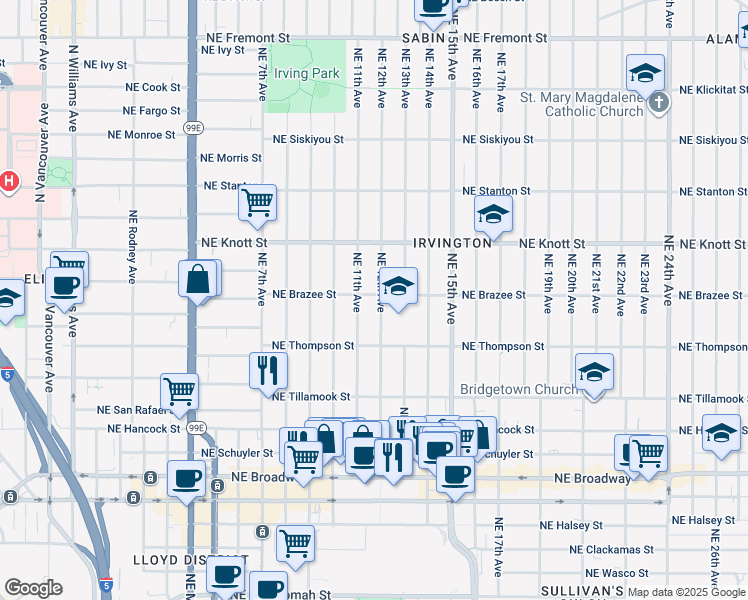 map of restaurants, bars, coffee shops, grocery stores, and more near 2405 Northeast 12th Avenue in Portland
