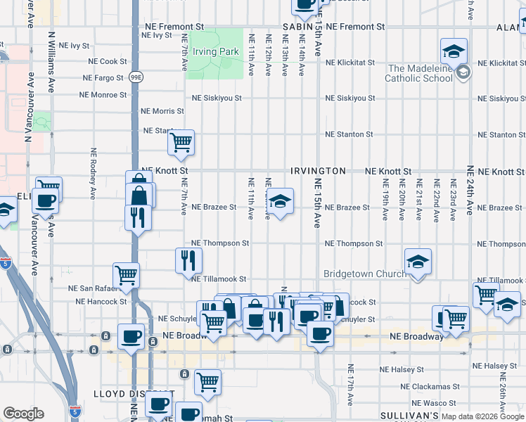 map of restaurants, bars, coffee shops, grocery stores, and more near 1130 Northeast Brazee Street in Portland