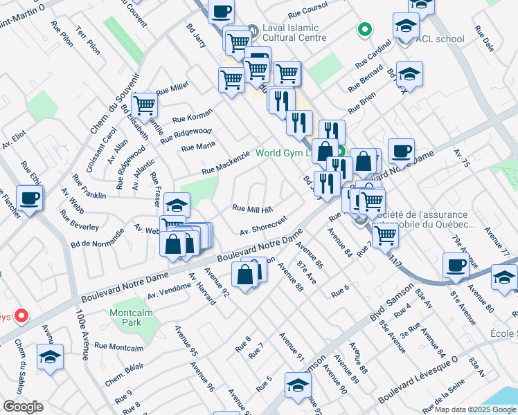 map of restaurants, bars, coffee shops, grocery stores, and more near 1087 Rue Mill Hill in Laval