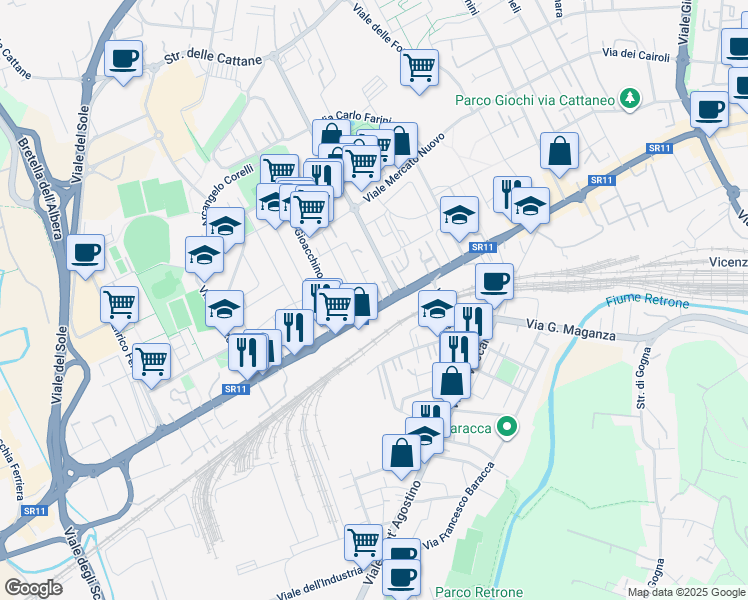 map of restaurants, bars, coffee shops, grocery stores, and more near 12 Viale San Lazzaro in Vicenza