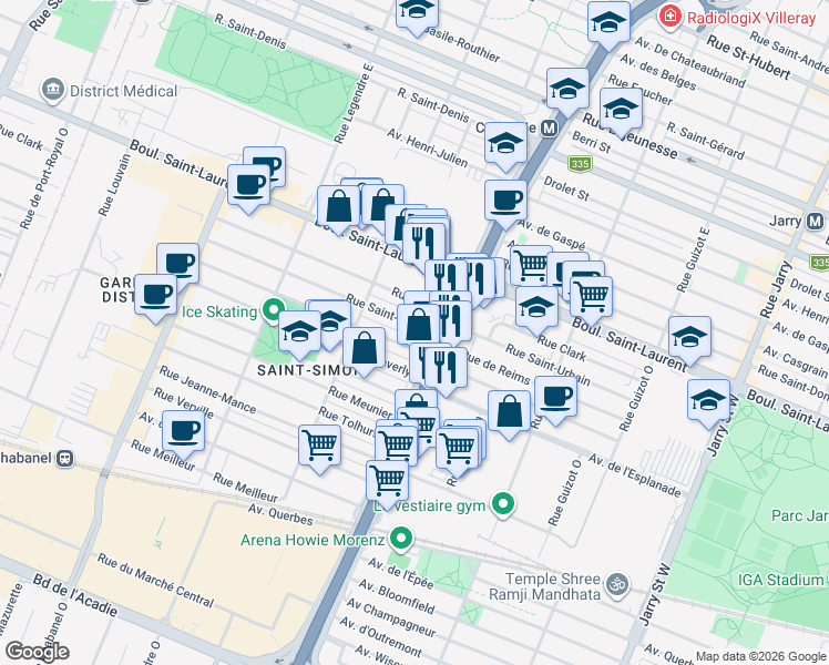 map of restaurants, bars, coffee shops, grocery stores, and more near 8740 Rue Saint-Urbain in Montréal
