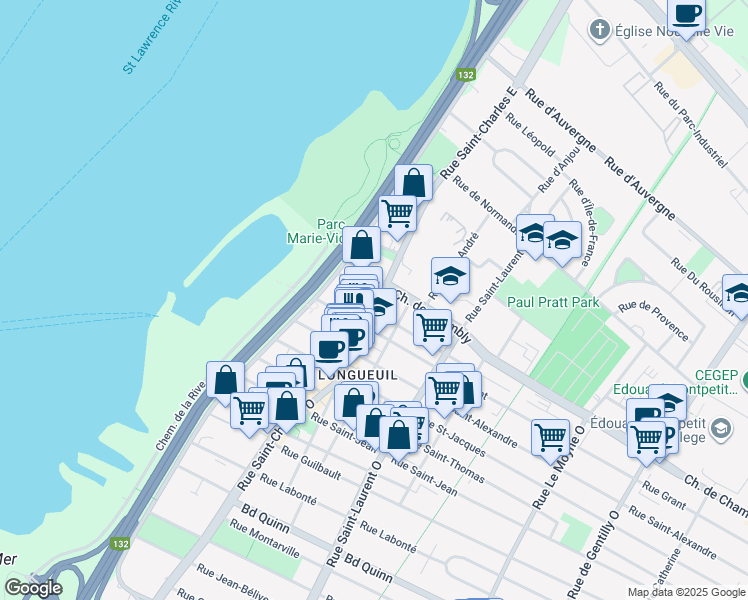 map of restaurants, bars, coffee shops, grocery stores, and more near 43 Rue Saint-Charles Ouest in Longueuil